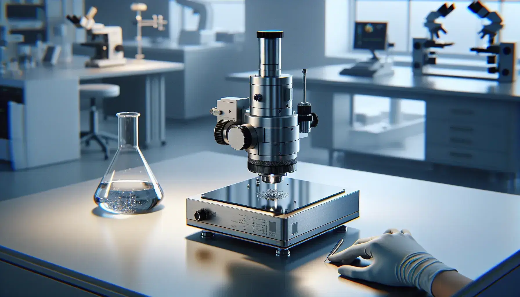 Modern scanning tunneling microscope in a lab with a reflective sample stage, a glass beaker with clear liquid, and a gloved hand adjusting the device.