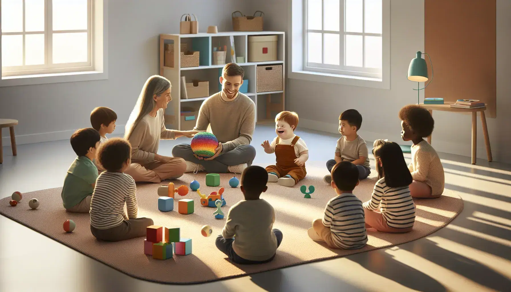 Niños sentados en círculo en aula luminosa con terapeuta ocupacional, incluyendo niño sonriente con síndrome de Down, rodeados de juguetes educativos y materiales de terapia.