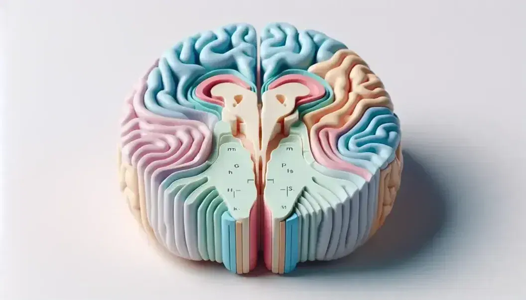 Modelo anatómico tridimensional del cerebro humano con regiones diferenciadas por colores pastel, mostrando desde la medula oblongata hasta los hemisferios cerebrales.