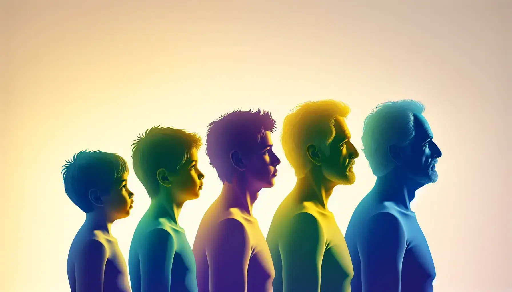 Sequence of four Caucasian human silhouettes representing different stages of life, colored in yellow, green, blue and purple on a light background.