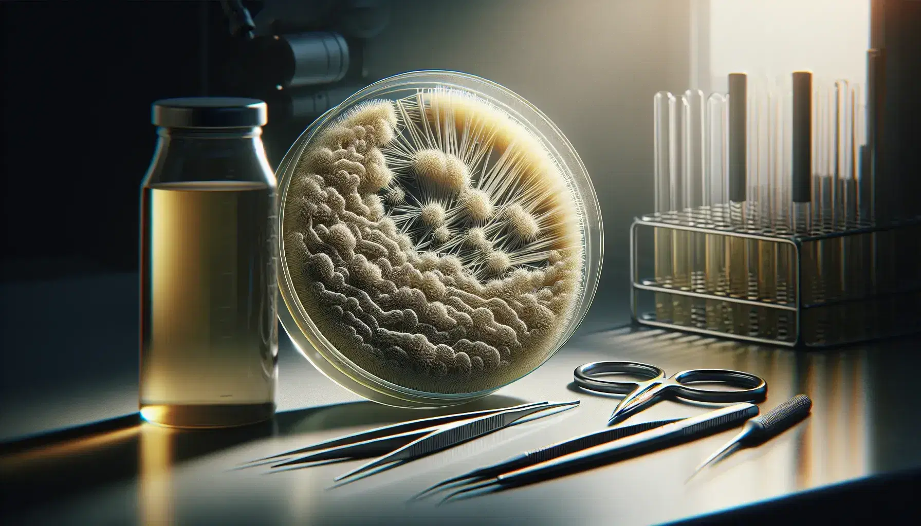 Close-up view of a petri dish with filamentous bacteria growth, surrounded by lab instruments, with a blurred researcher in the background.