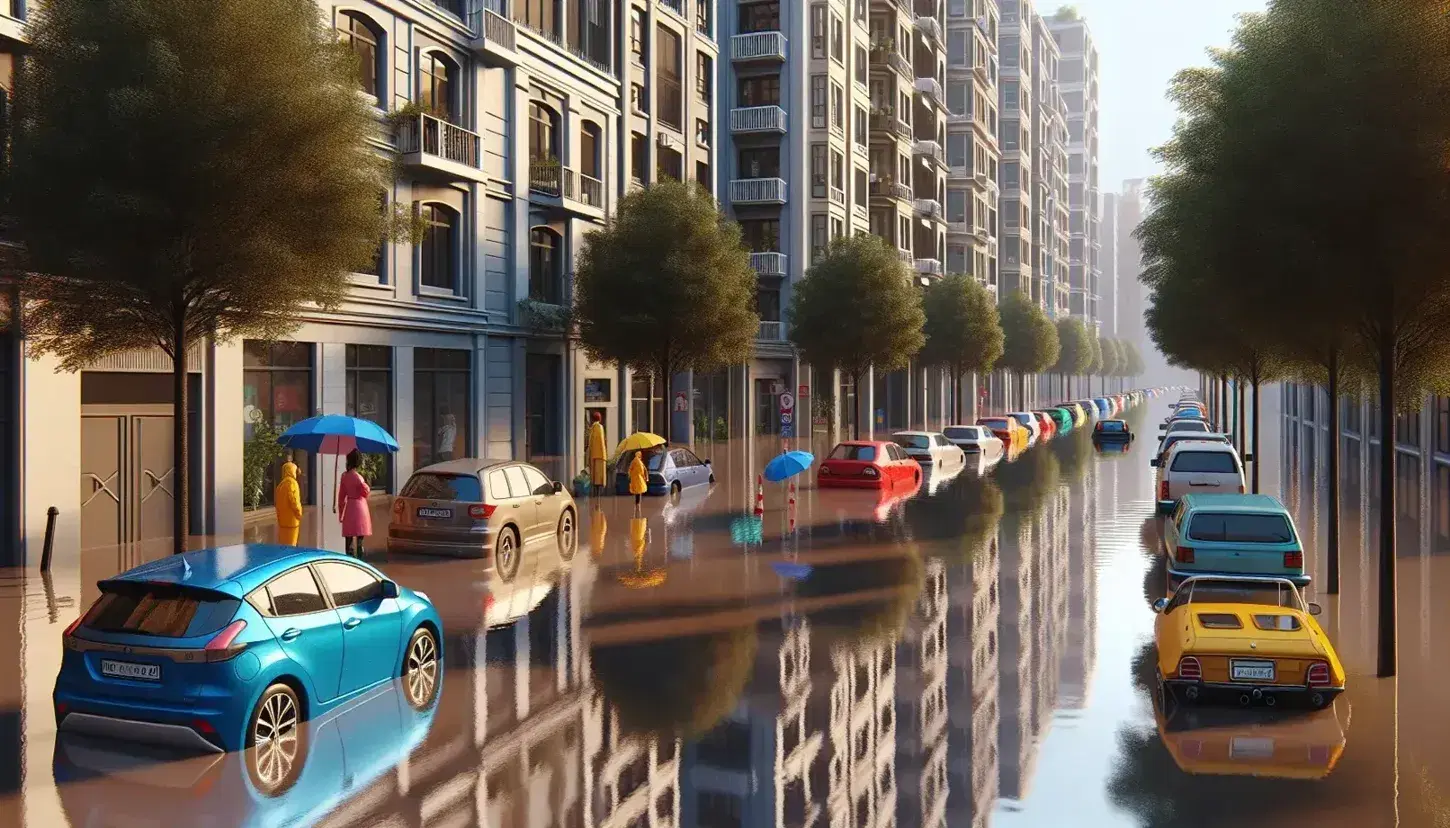 Paisaje urbano inundado con calles anegadas reflejando edificios, vehículos sumergidos y personas con impermeables y paraguas.