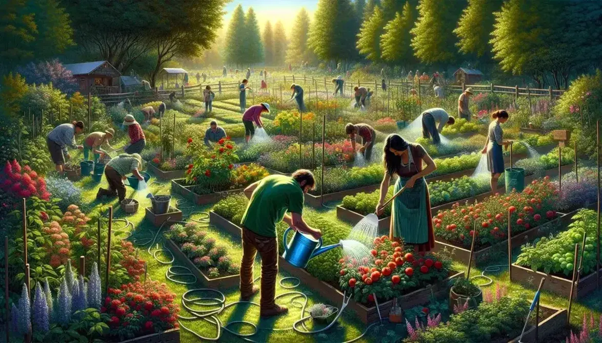 Community garden scene with people tending to plants, watering flowers, and picking tomatoes, surrounded by a wooden fence under a clear blue sky.