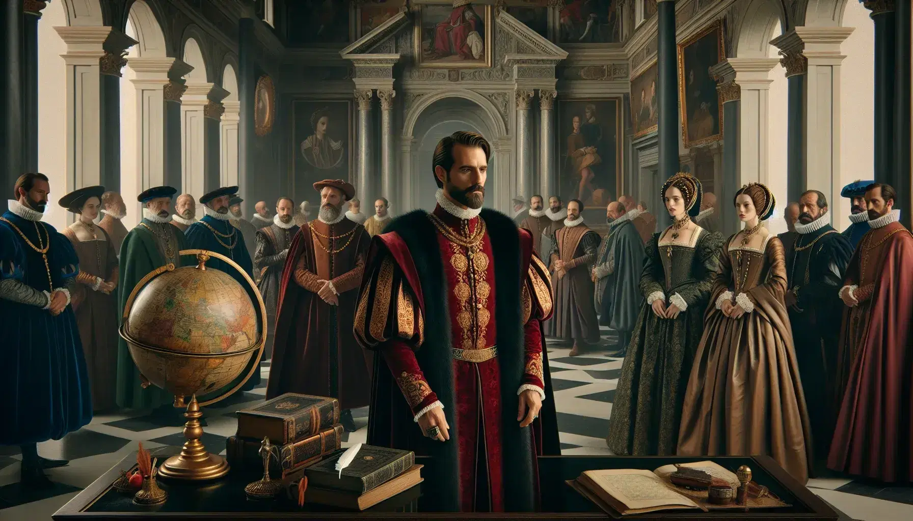 Escena renacentista italiana en palacio con hombre de barba y ropaje rojo y mujer con vestido verde, rodeados de cortesanos y objetos de época.