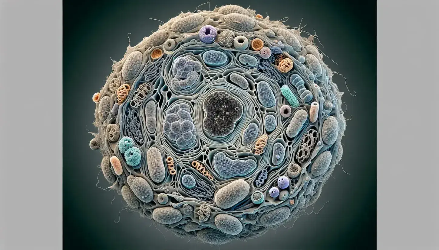 Micrografia elettronica a colori di una cellula eucariotica con nucleo, nucleolo, reticolo endoplasmatico, apparato di Golgi, mitocondri e citoscheletro.