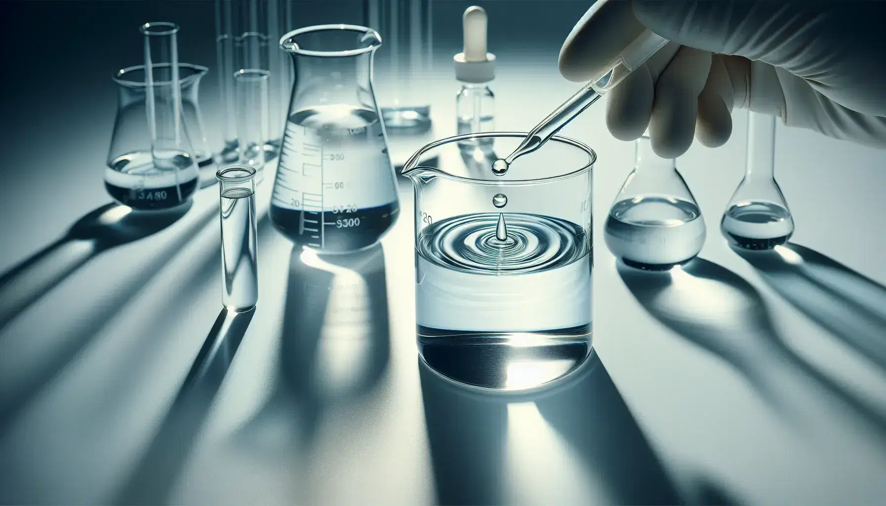 Glass beaker with transparent liquid and drops falling from pipette, gloved hands in laboratory, blurred background with laboratory glassware.