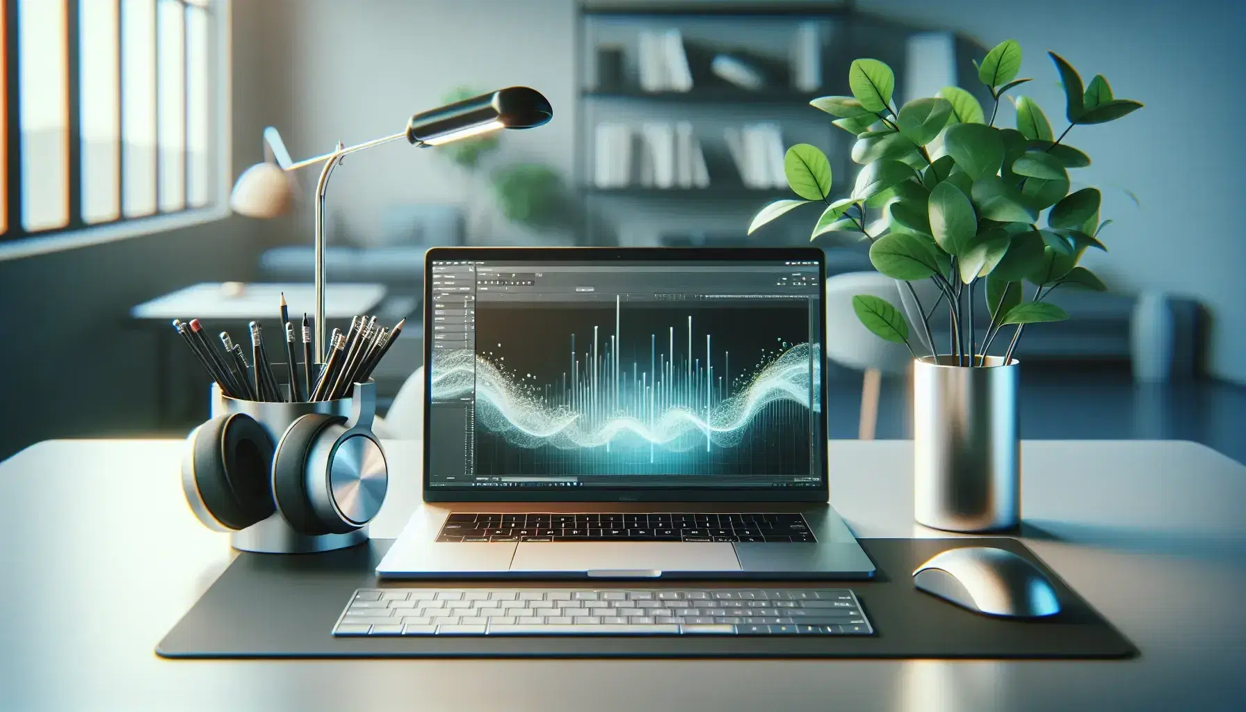 Modern workspace with silver laptop on, wireless mouse, black headphones on stand, green plant in white pot and cup with pens.
