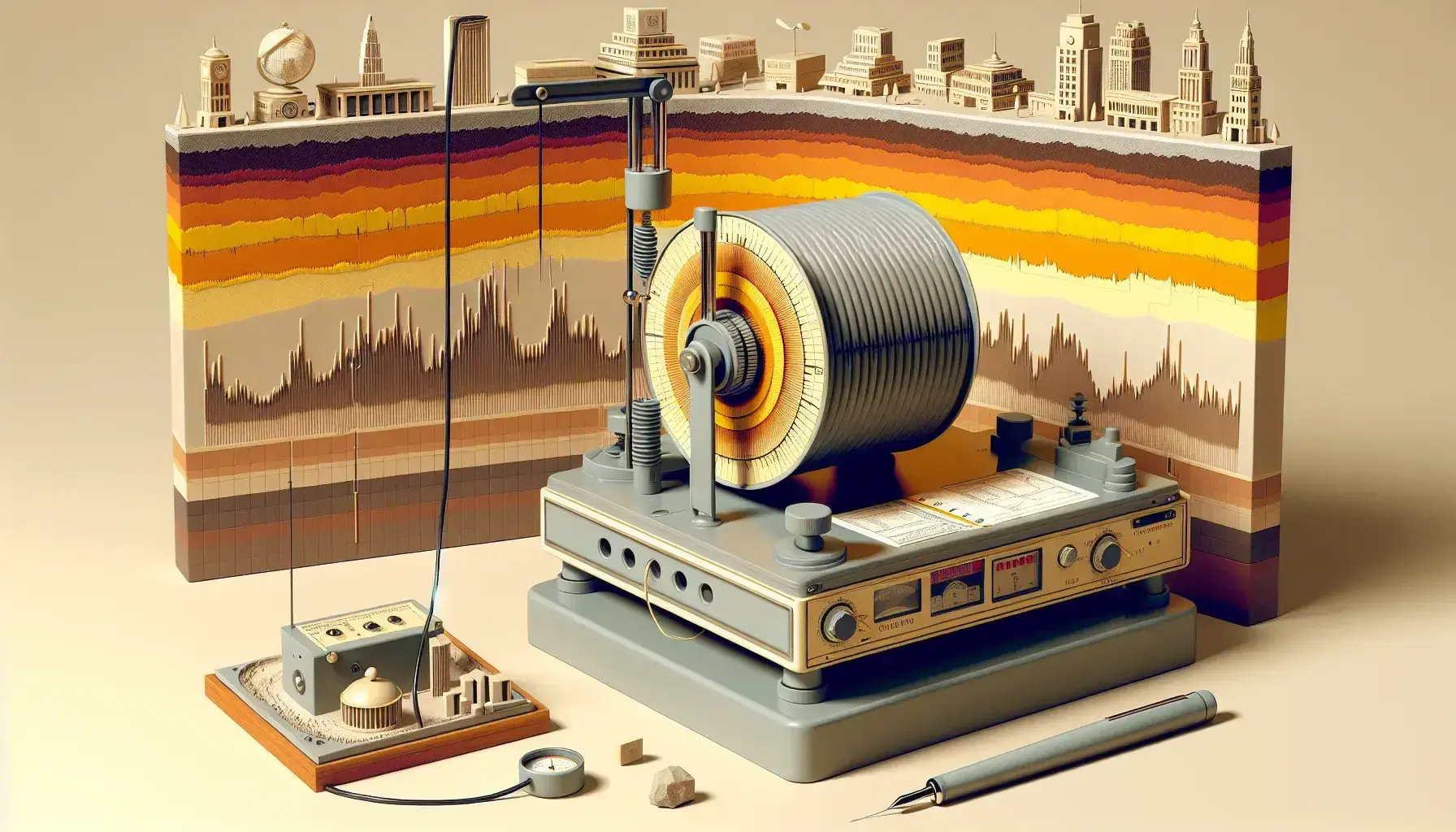 Seismograph recording seismic waves on paper drum with Earth's layers and simplified city model in background, showcasing earthquake detection.
