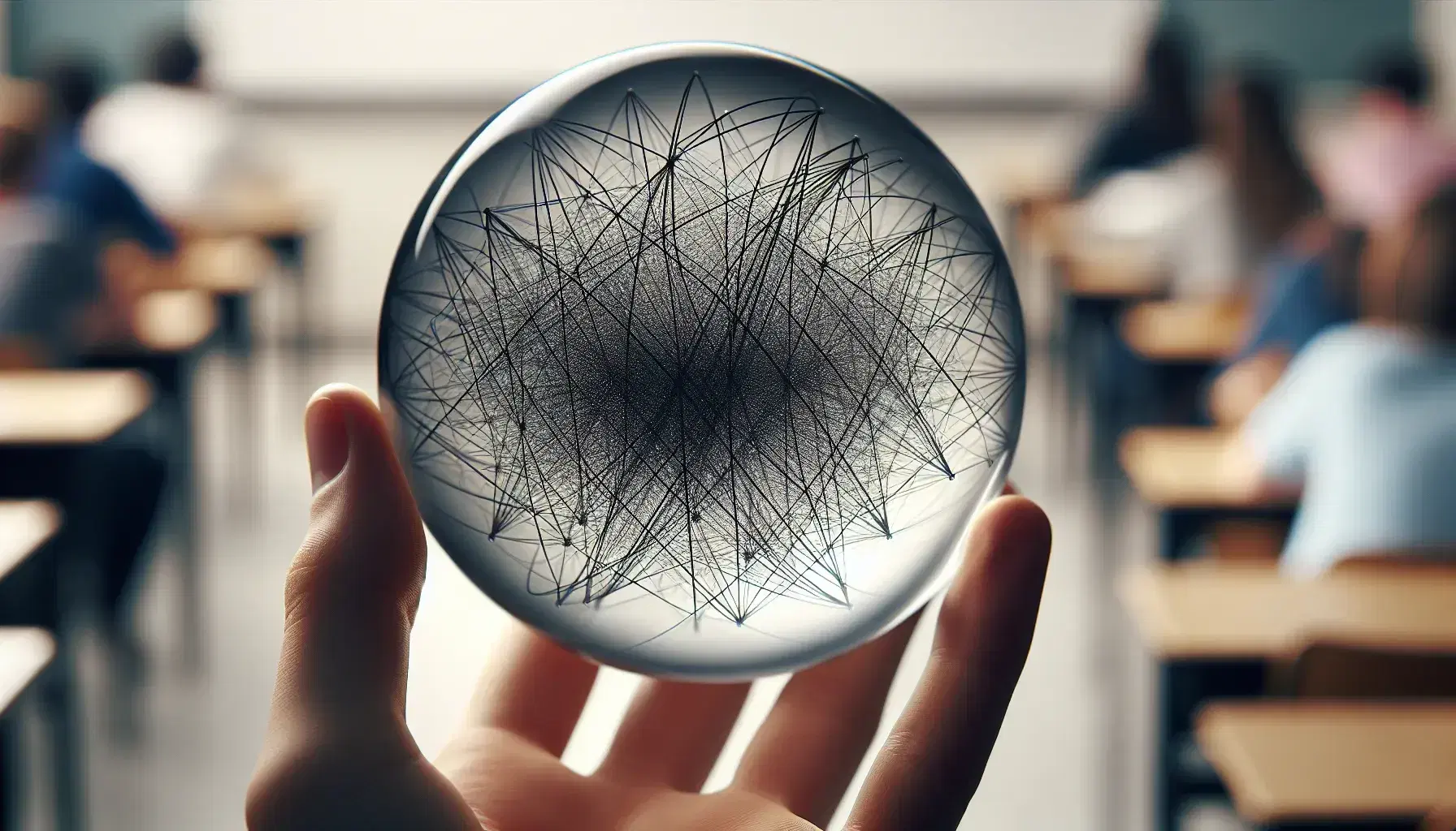 Hand holding a glass paperweight with intricate black slope field pattern inside, set against a blurred classroom backdrop.