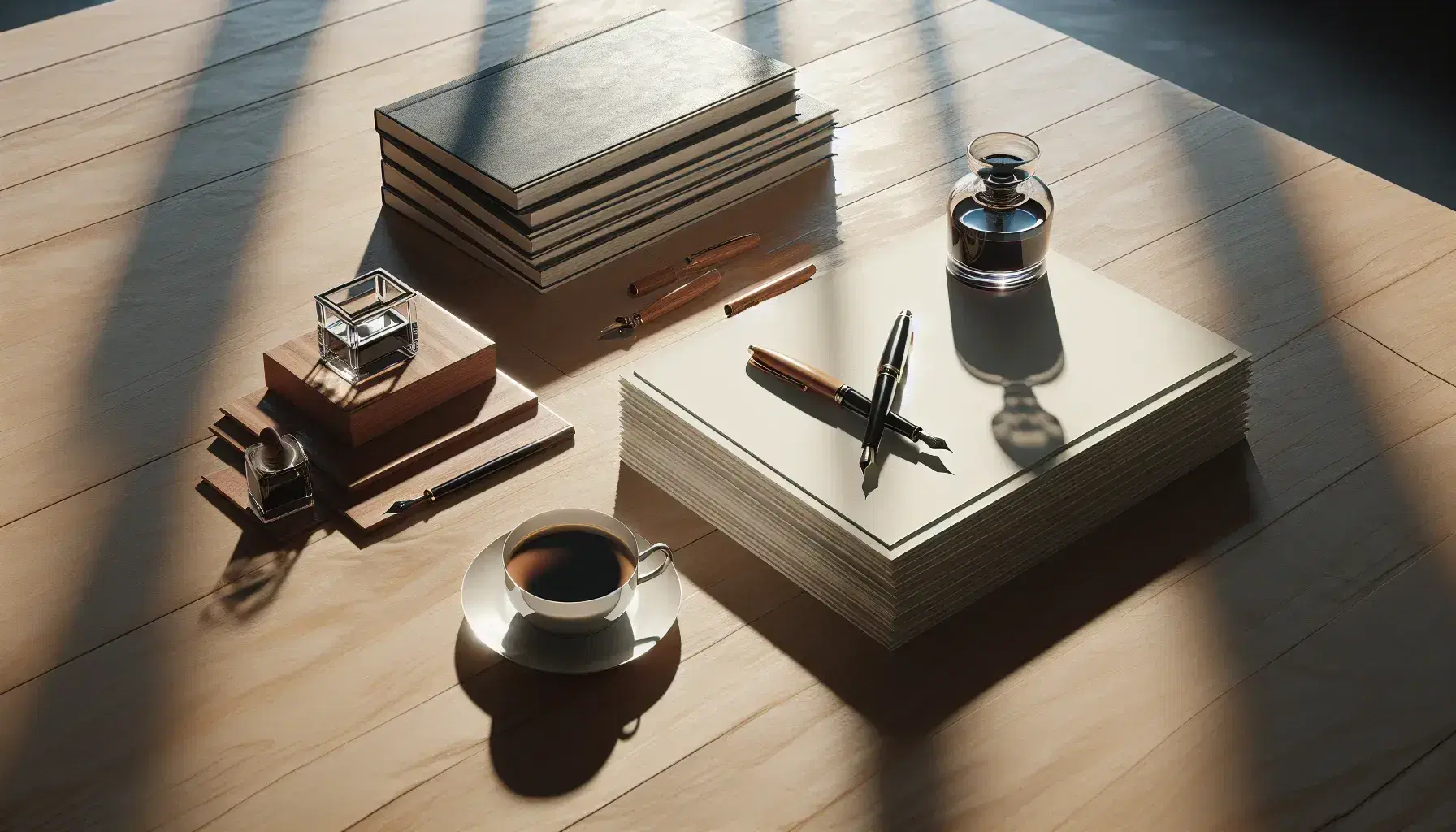 Mesa de madera clara con papeles en blanco, pluma estilográfica negra, tintero de vidrio con tinta, taza de café con vapor y dos libros apilados.