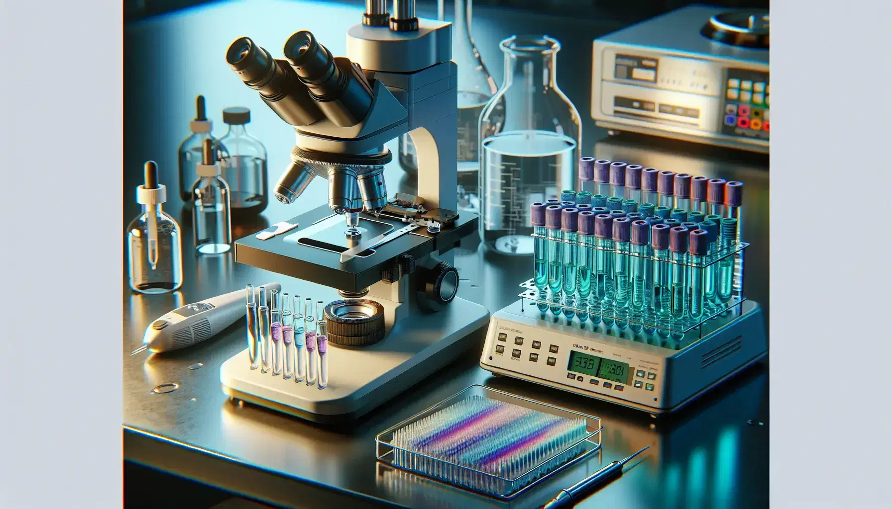 Close-up view of a lab bench with a modern microscope, color-coded microcentrifuge tubes, a pipettor, and a stained gel electrophoresis result.