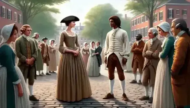 European woman in cream dress converses with African American man in plain clothes in American Revolutionary era public square, with colonial buildings.