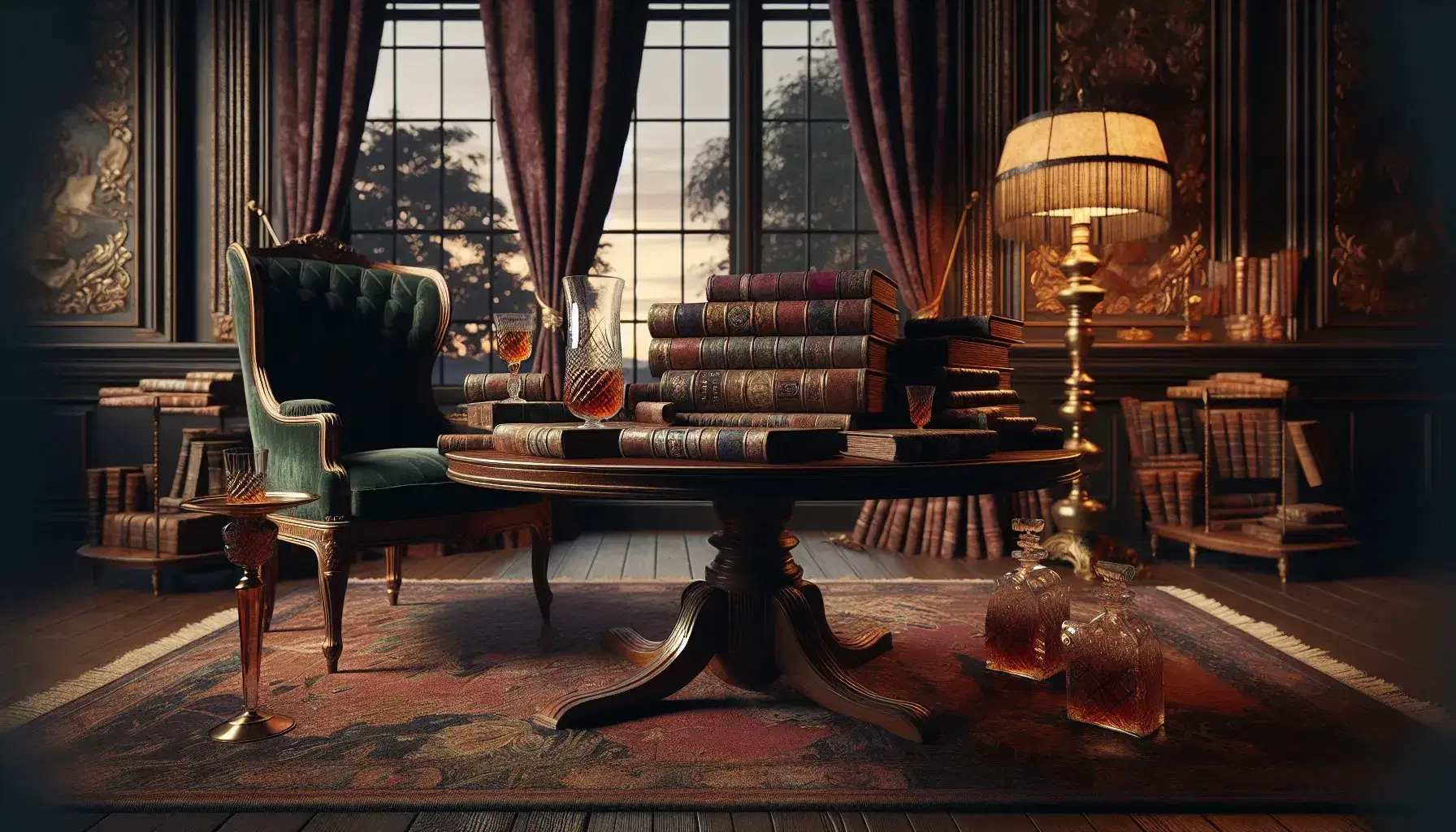 Vintage salon with a mahogany table holding antique books, an emerald velvet armchair, brass lamp, crystal decanter with glasses, and a draped window.