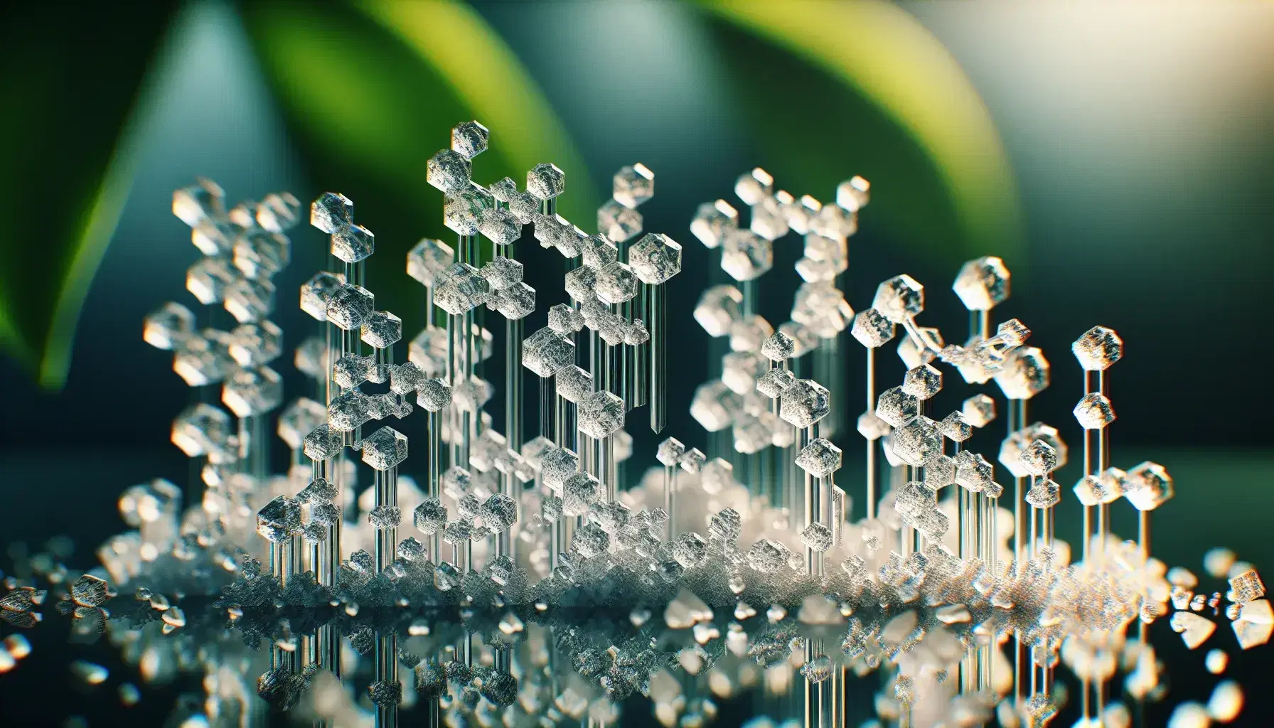 Cristalli di glucosio di varie dimensioni su vetro trasparente con giochi di luce e ombre, sfondo sfocato verde naturale.