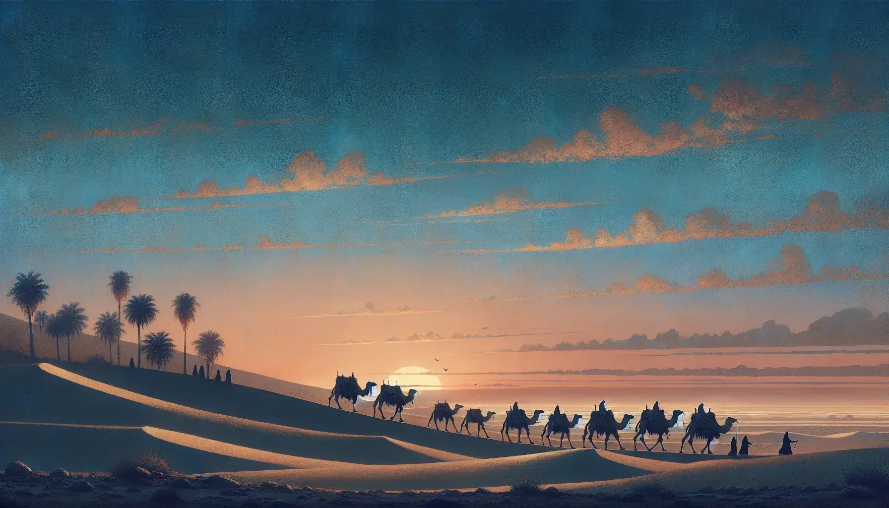 Serene dawn breaks over a desert with a camel caravan silhouette, pastel sky, and palm trees hinting at a gentle breeze.