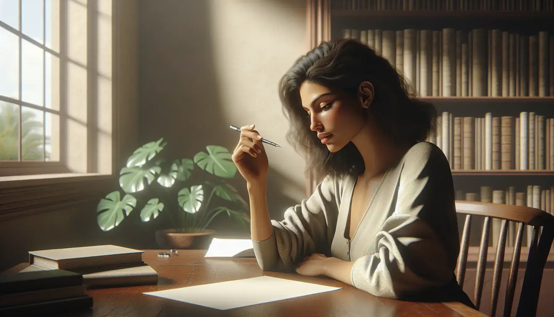 Hispanic woman in contemplation at desk with pen and paper, surrounded by books and a plant, in a sunlit room, embodying creative potential.