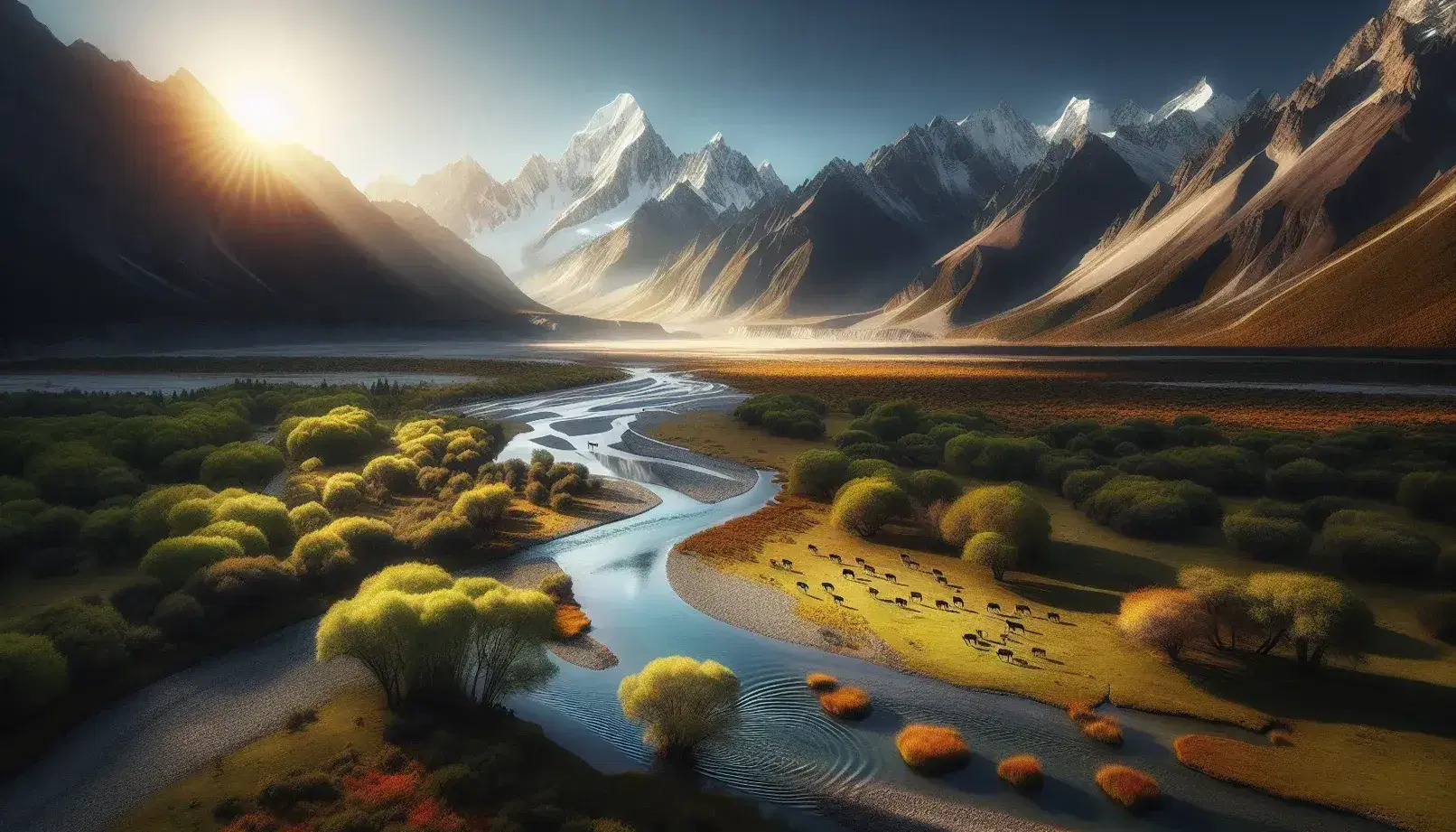 Valle fluviale con cervi al pascolo, montagne innevate sullo sfondo e cielo azzurro riflesso nel fiume.