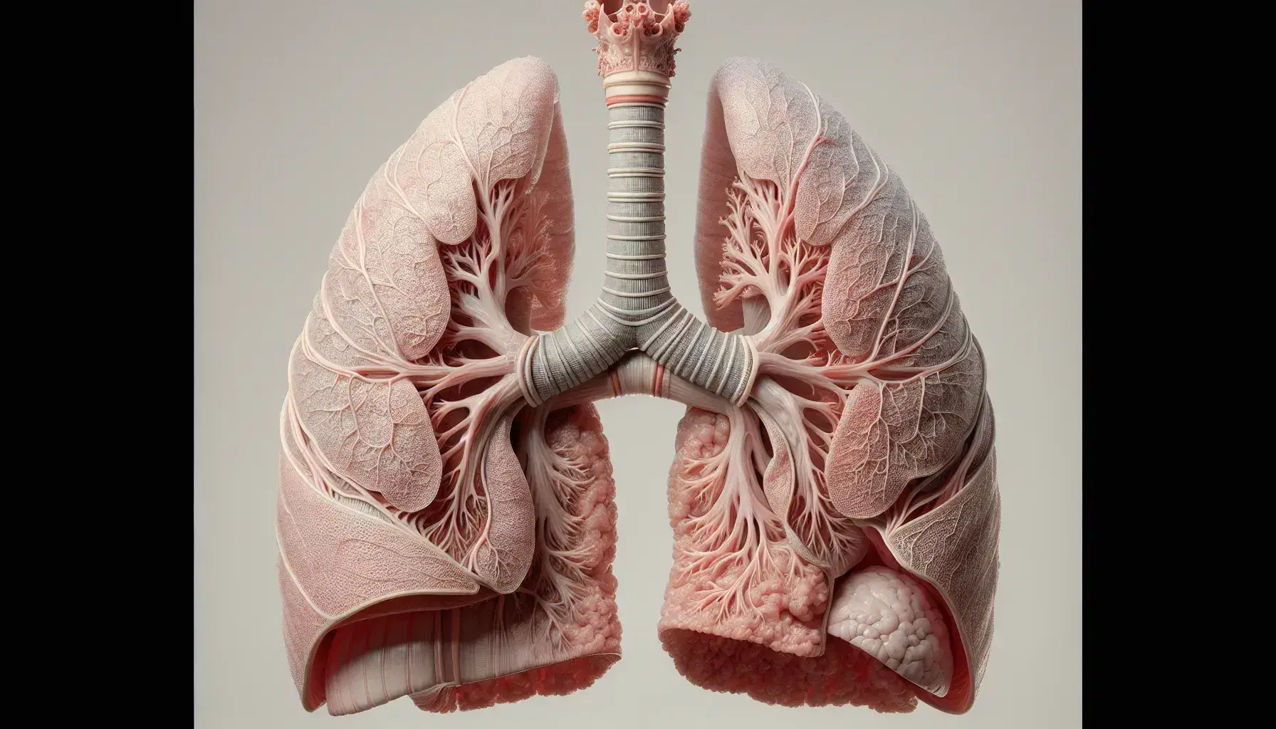 Vista anatómica detallada del sistema respiratorio humano con pulmones, tráquea, bronquios, músculos intercostales y diafragma.