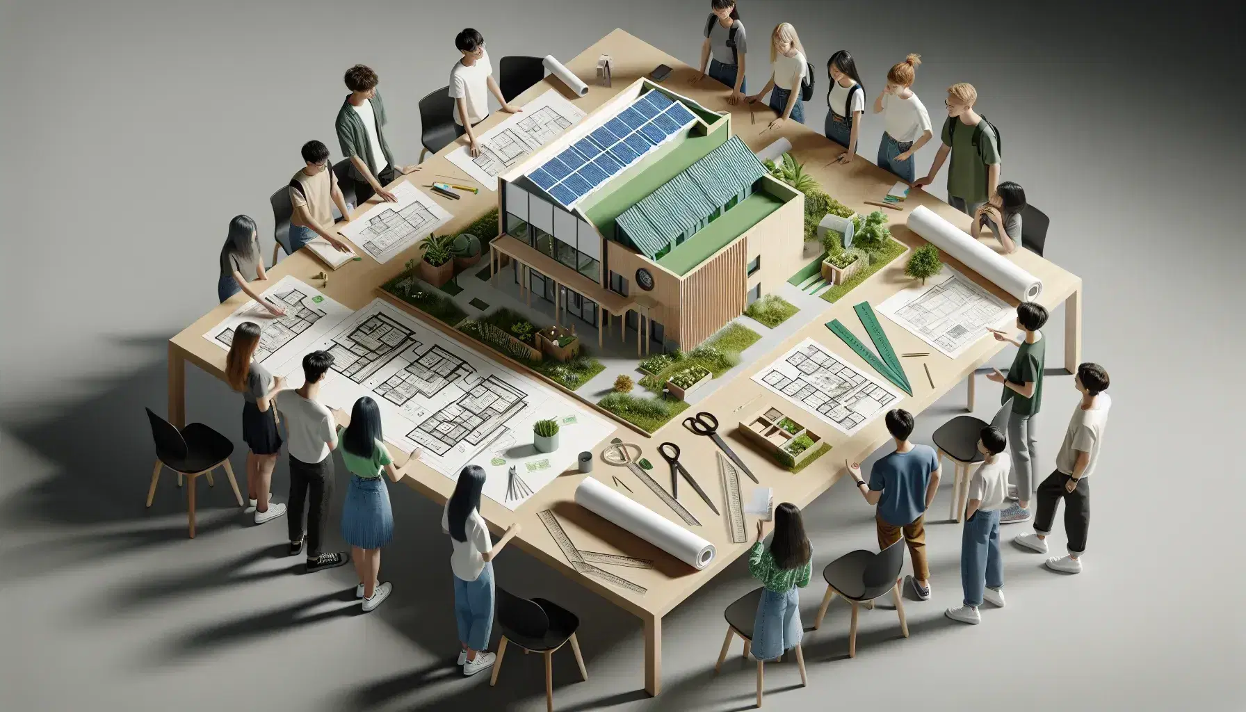 Estudiantes diversos colaborando en un proyecto de arquitectura sostenible con un modelo de edificio verde y herramientas de diseño sobre una mesa.