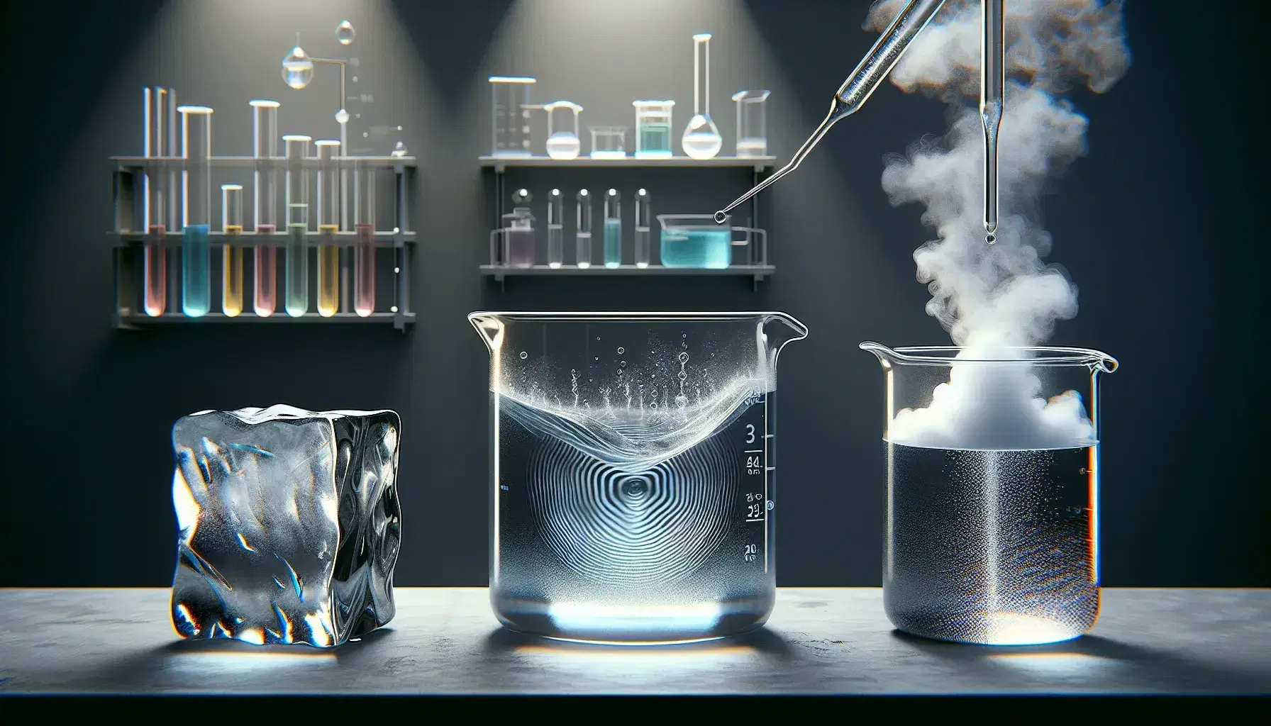 Laboratorio scientifico con esperimenti che rappresentano stati della materia: blocco di ghiaccio solido, becher con liquido e contenitore con gas.