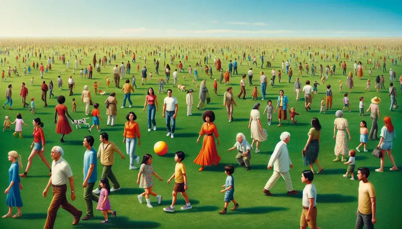 Diverse crowd enjoying a sunny day in a grassy park, with a child chasing a yellow ball and people of various ethnicities mingling and chatting.