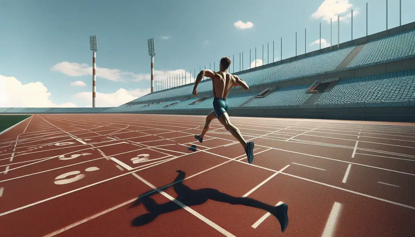 Atleta corriendo en pista de atletismo con camiseta sin mangas y pantalones cortos, bajo cielo azul con gradas vacías al fondo.