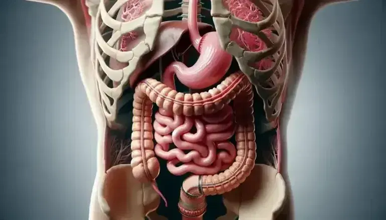 Cross-section view of the human digestive system, with esophagus, stomach, intestines, liver, gallbladder and pancreas visible.