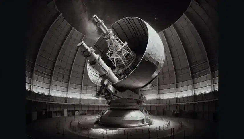 Telescopio reflector grande en observatorio astronómico con cúpula semiesférica abierta mostrando cielo estrellado, sin personas visibles.