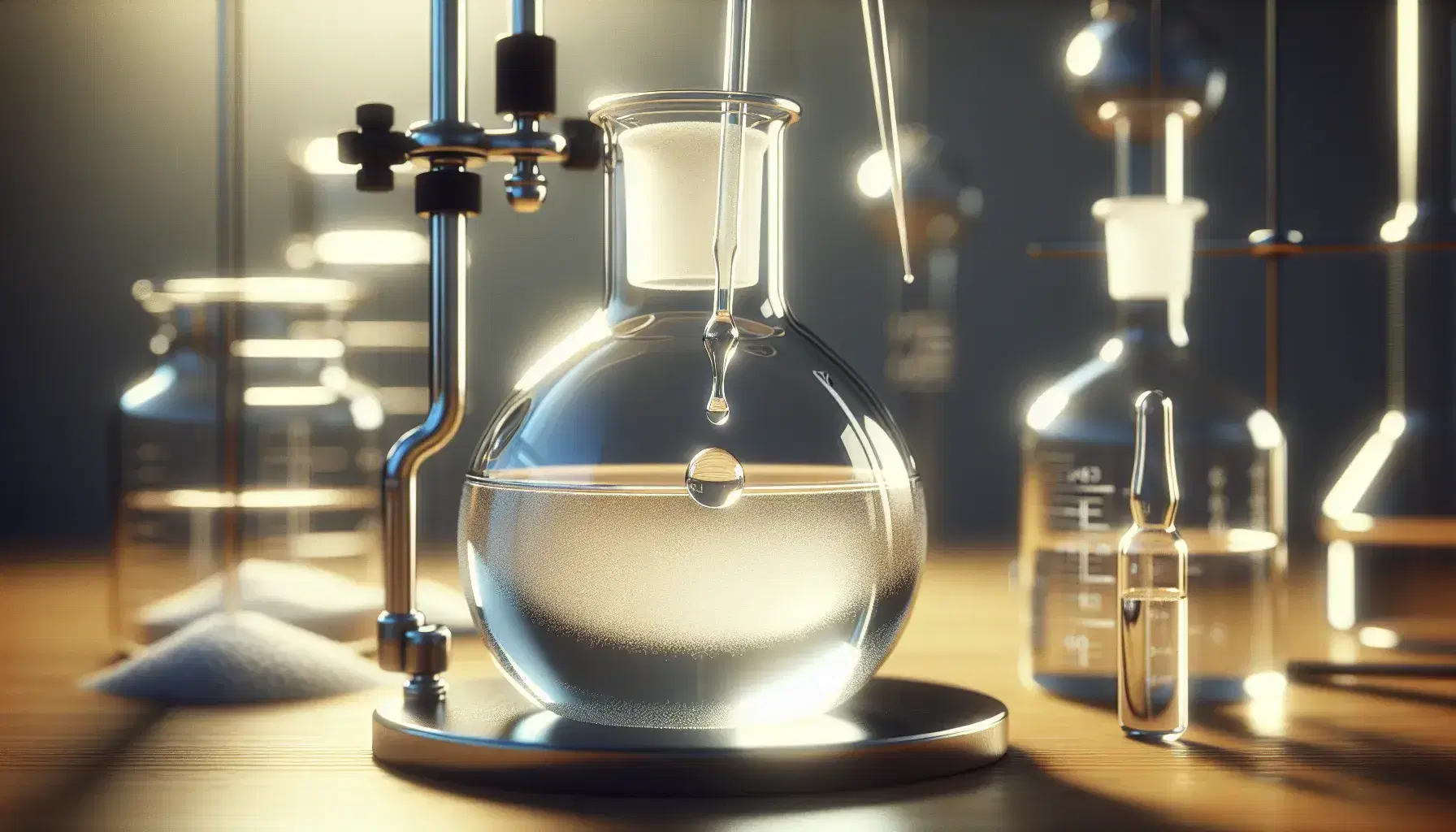 Glass bottle on laboratory bench with pale yellow liquid and dropper, metal tongs and container with white crystalline solid.