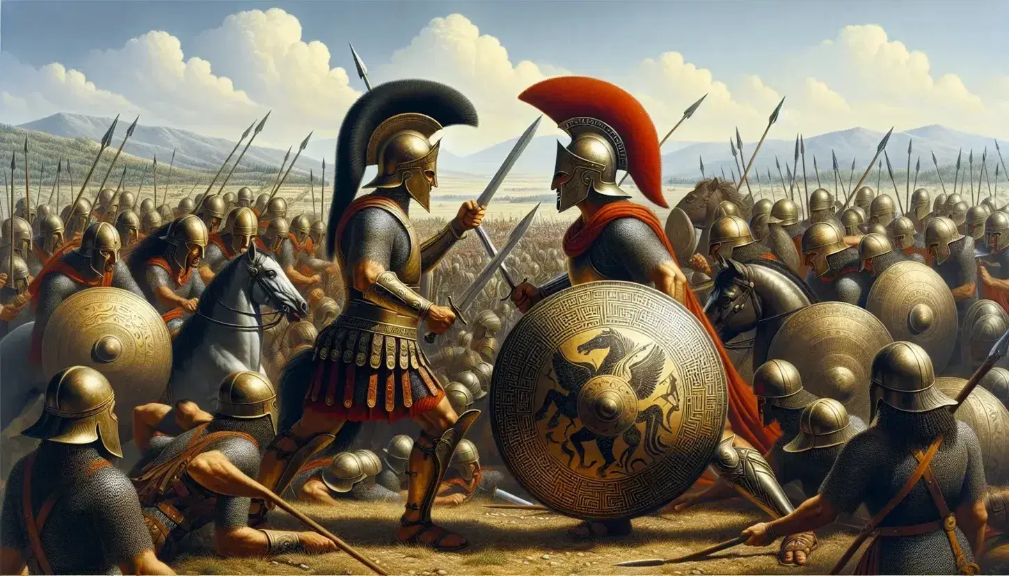 Scena di battaglia in stile Troia con guerrieri in armature di bronzo, scudi decorati e nave da guerra antica sullo sfondo.