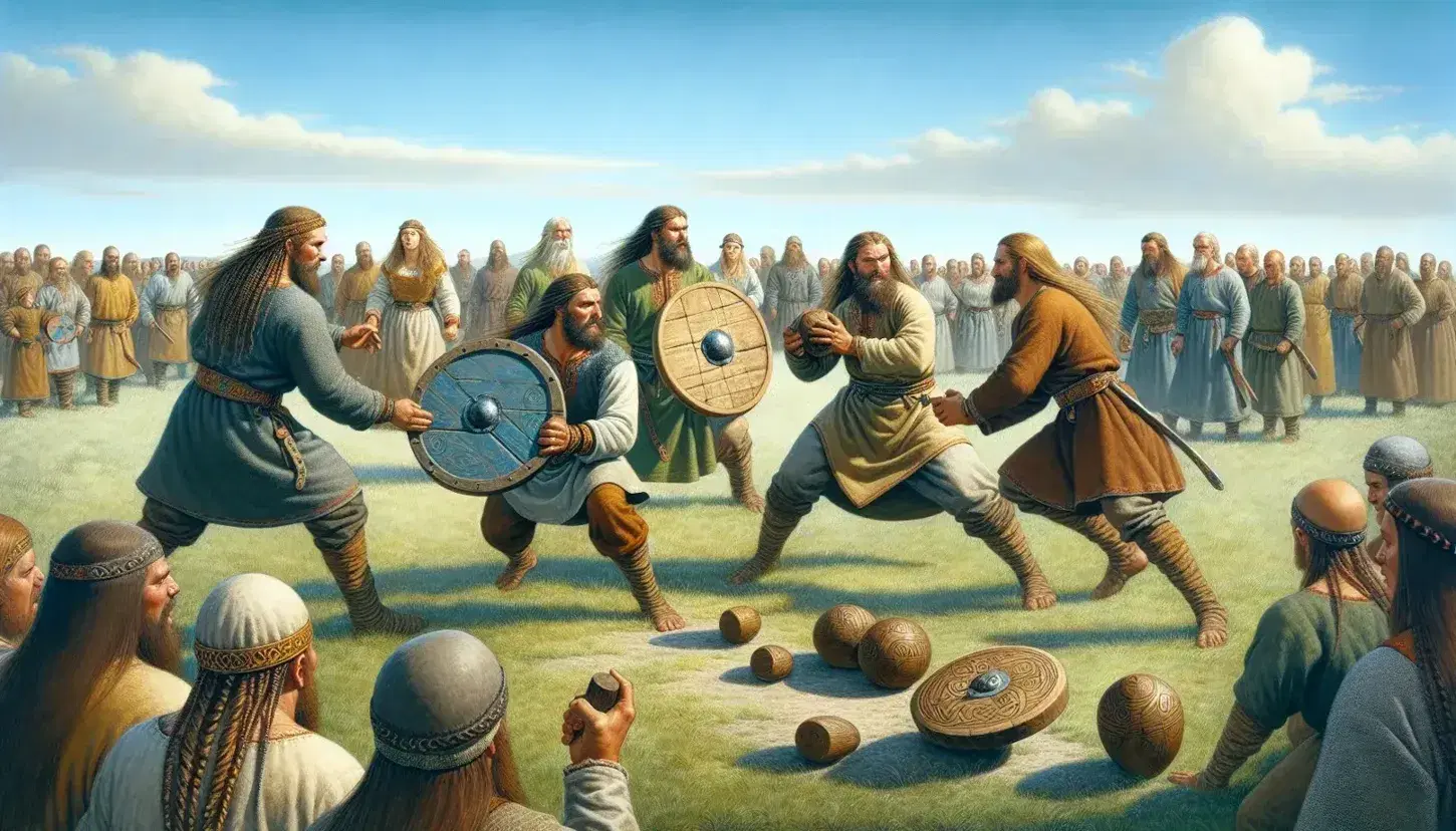 Vibrant Norse cultural scene with men shield wrestling, a woman playing a wooden game, onlookers, children with a hoop, and dogs playing under a clear sky.