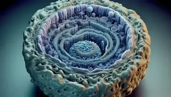 Detailed 3D representation of the eukaryotic cell nucleus with nuclear envelope, pores, chromatin and molecular transport complex.