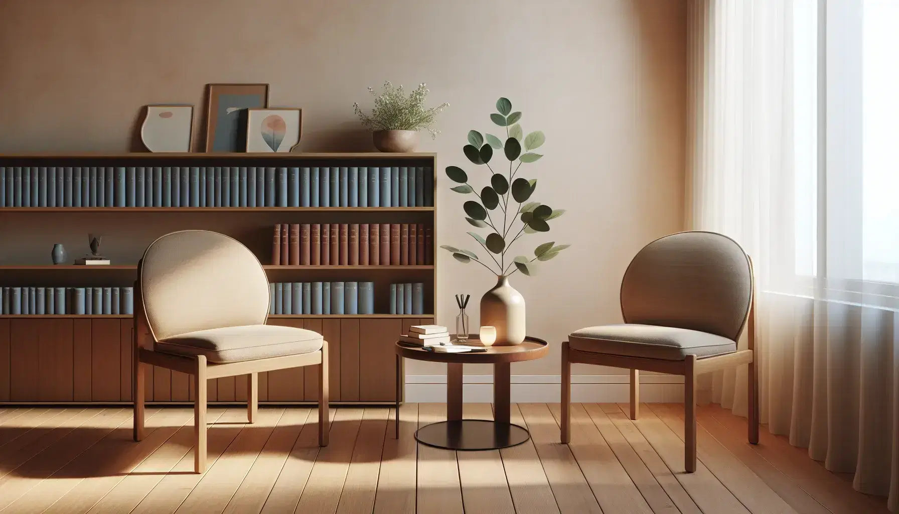 Interior acogedor con dos sillas de madera y cojines azules frente a frente, mesa redonda con libreta y pluma, planta decorativa y estantería con libros al fondo, iluminado por luz natural.