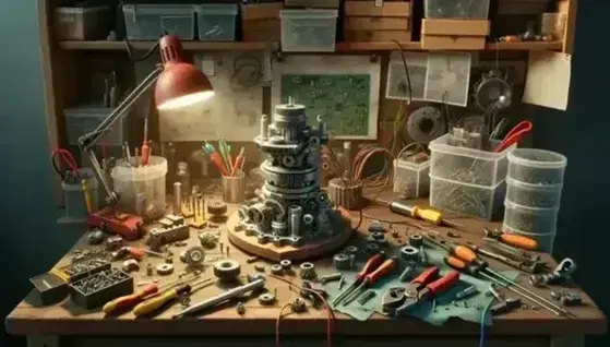 Messy inventor's workshop with workbench, various tools, machinery parts, shelves with electronic components and natural light.