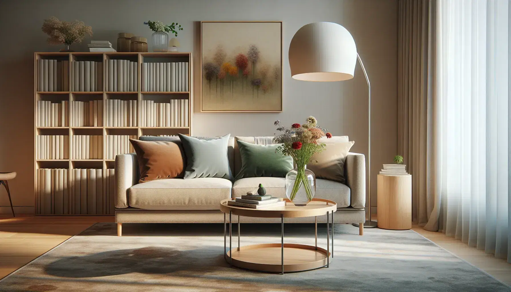 Cozy living room with beige sofa, blue and green cushions, wooden coffee table with colorful flowers, modern floor lamp, and bookshelf with harmonious books.