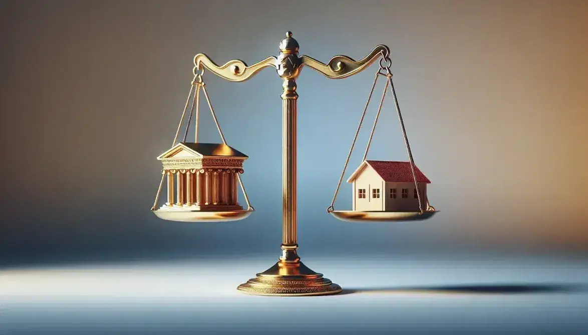 Balanza de dos platos dorada equilibrada con una columna corintia en un lado y una casa de juguete en el otro, sobre fondo degradado azul a blanco.