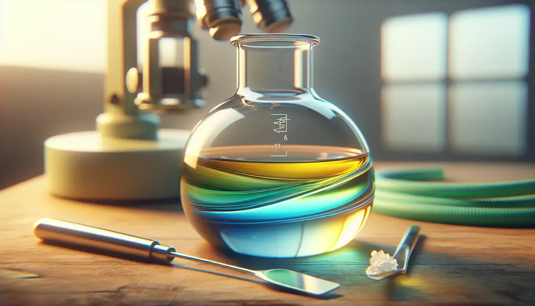 Glass flask on laboratory bench with yellow, blue and green layered liquids, steel spatula and green rubber tube blurred in background.