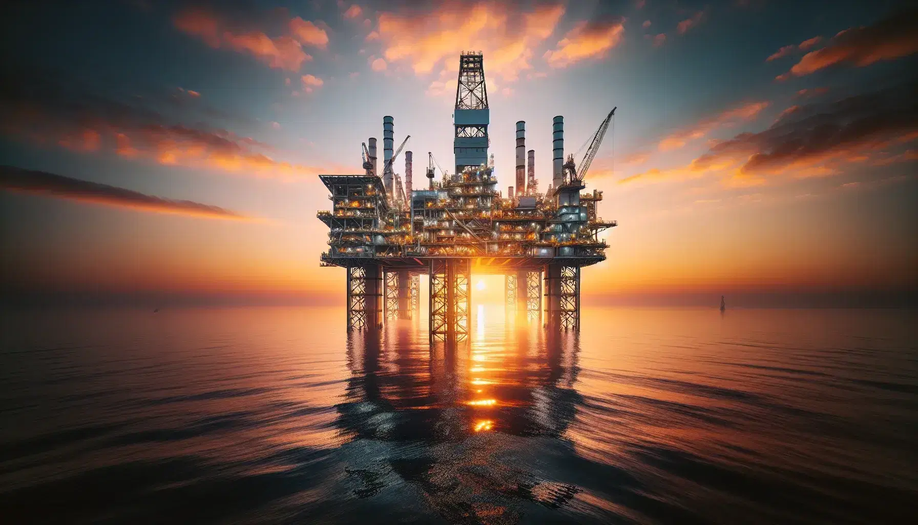 Plataforma petrolífera en alta mar durante un atardecer con cielo anaranjado y reflejos dorados sobre las tranquilas aguas oceánicas.