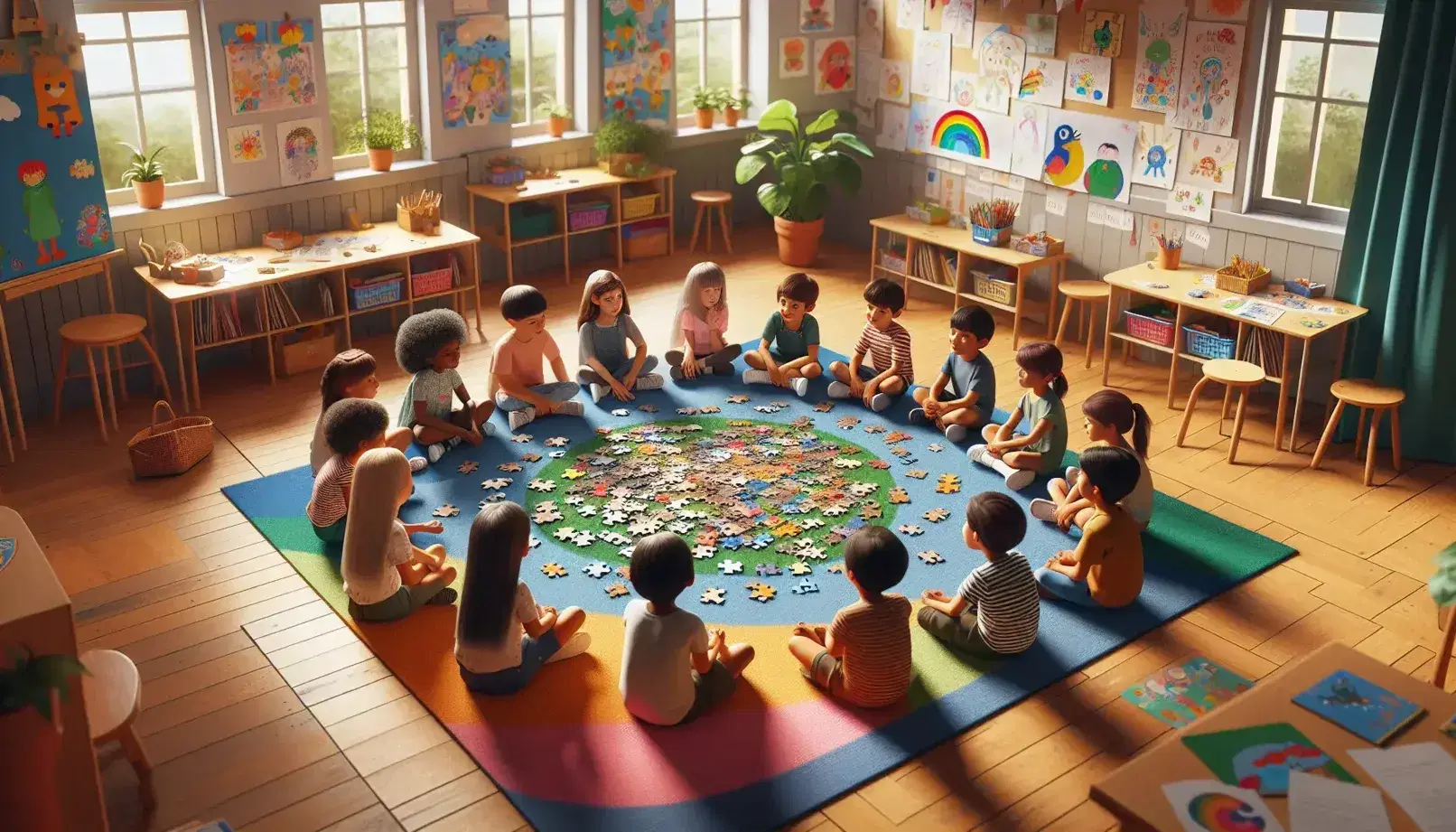 Bambini di diverse etnie collaborano su un puzzle colorato in una luminosa aula scolastica con decorazioni e pianta verde.