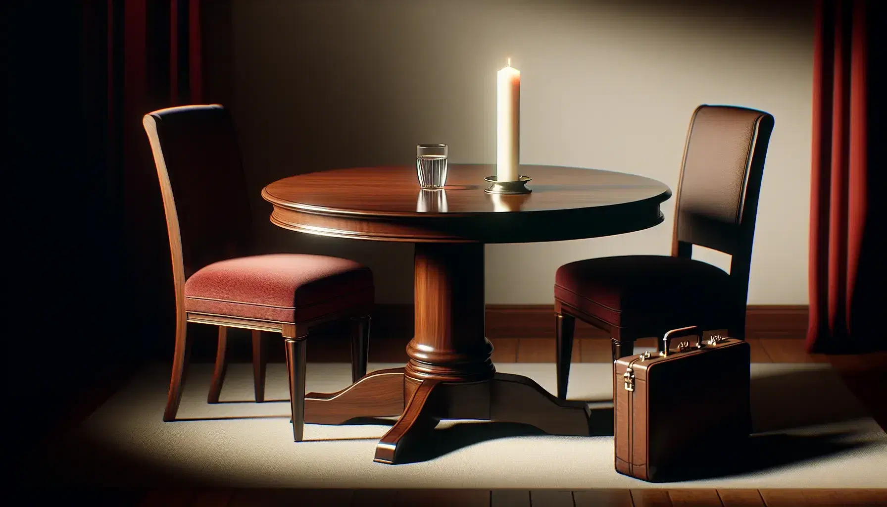 Round wooden table with three mahogany chairs, red velvet cushions, a white candle in a silver holder, a half-filled glass of water, and a closed brown leather briefcase.