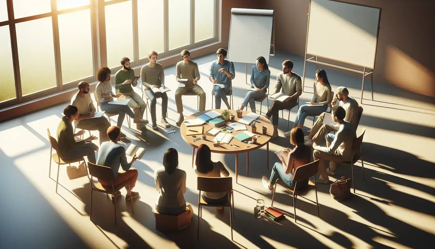 Grupo diverso de personas colaborando en una reunión, sentados en círculo alrededor de una mesa con cuadernos y bolígrafos, en una sala iluminada naturalmente.