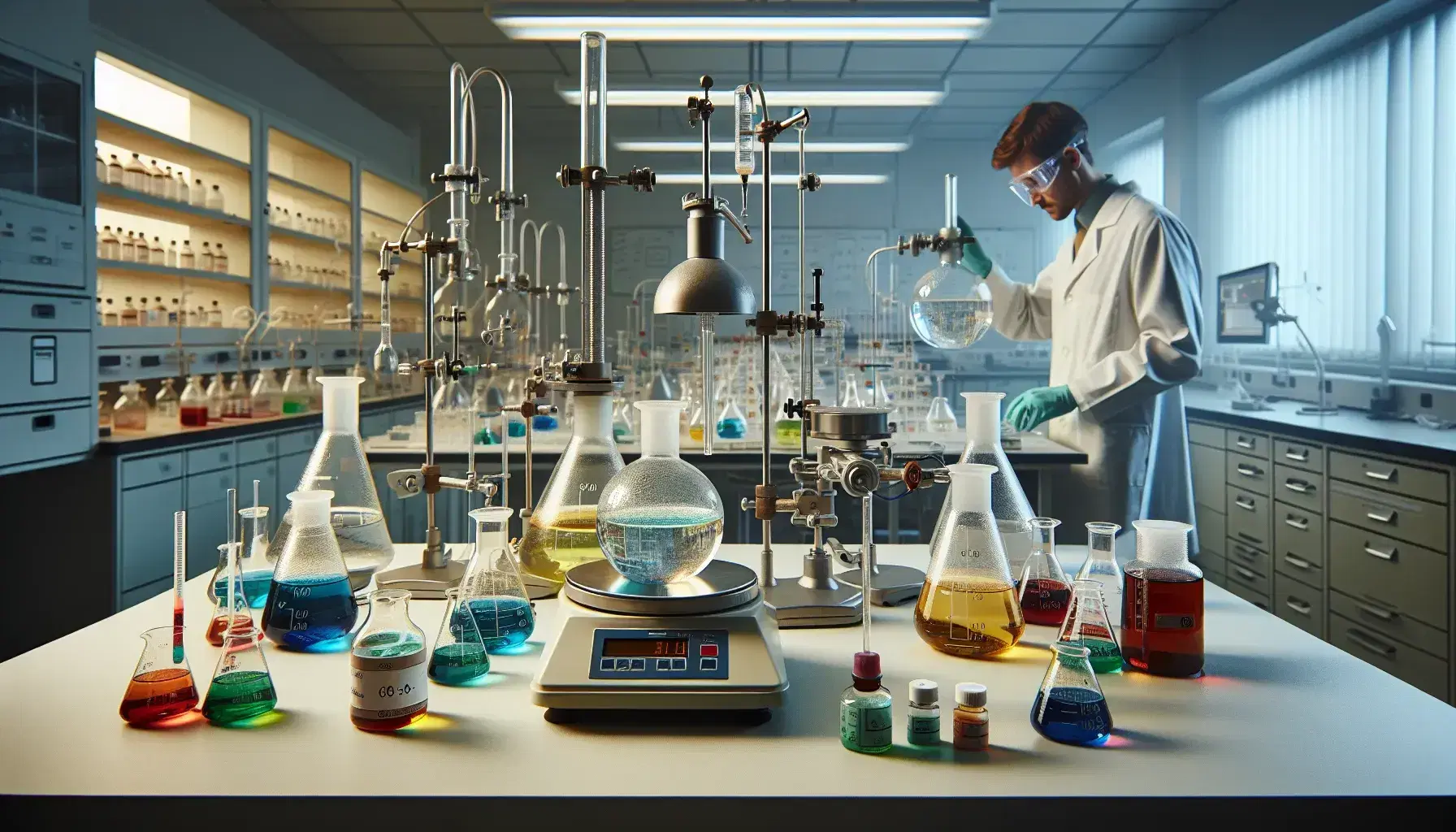 Laboratorio de química con mesas y erlenmeyers de líquidos coloridos, balanza analítica y técnico vertiendo líquido verde, ambiente limpio y ordenado.