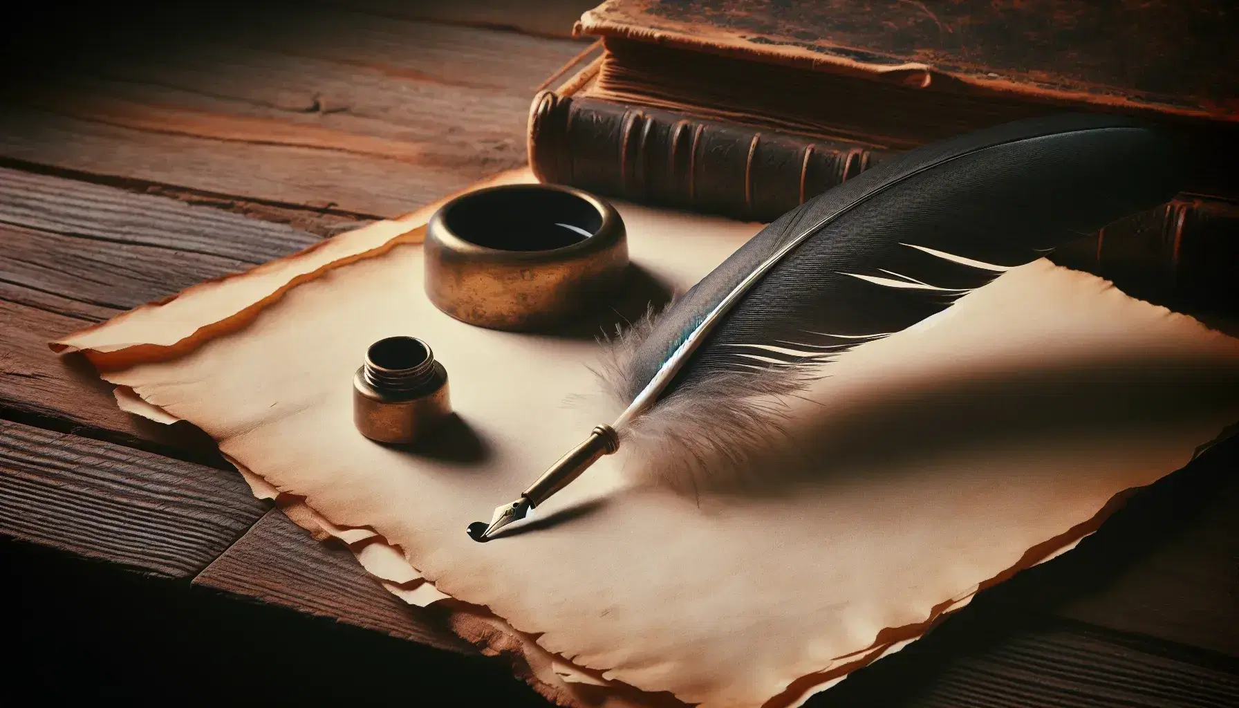 Quill pen with ink on aged parchment on a wooden desk beside a brass inkwell, with a blurred stack of books in the background.