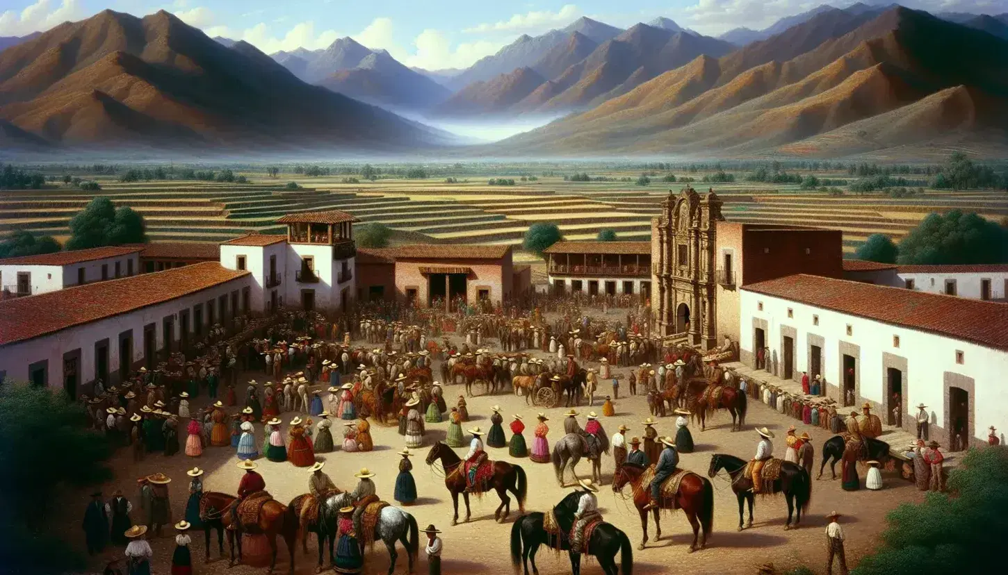 Paisaje rural mexicano del siglo XIX con personas en trajes típicos, caballos, edificios de adobe y montañas en la distancia bajo un cielo azul.