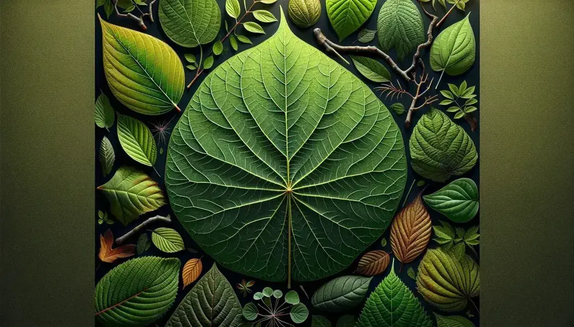 Foglie di varie specie vegetali con venature evidenti, colori dal verde chiaro al rosso autunnale e texture diverse, senza elementi umani o simboli.