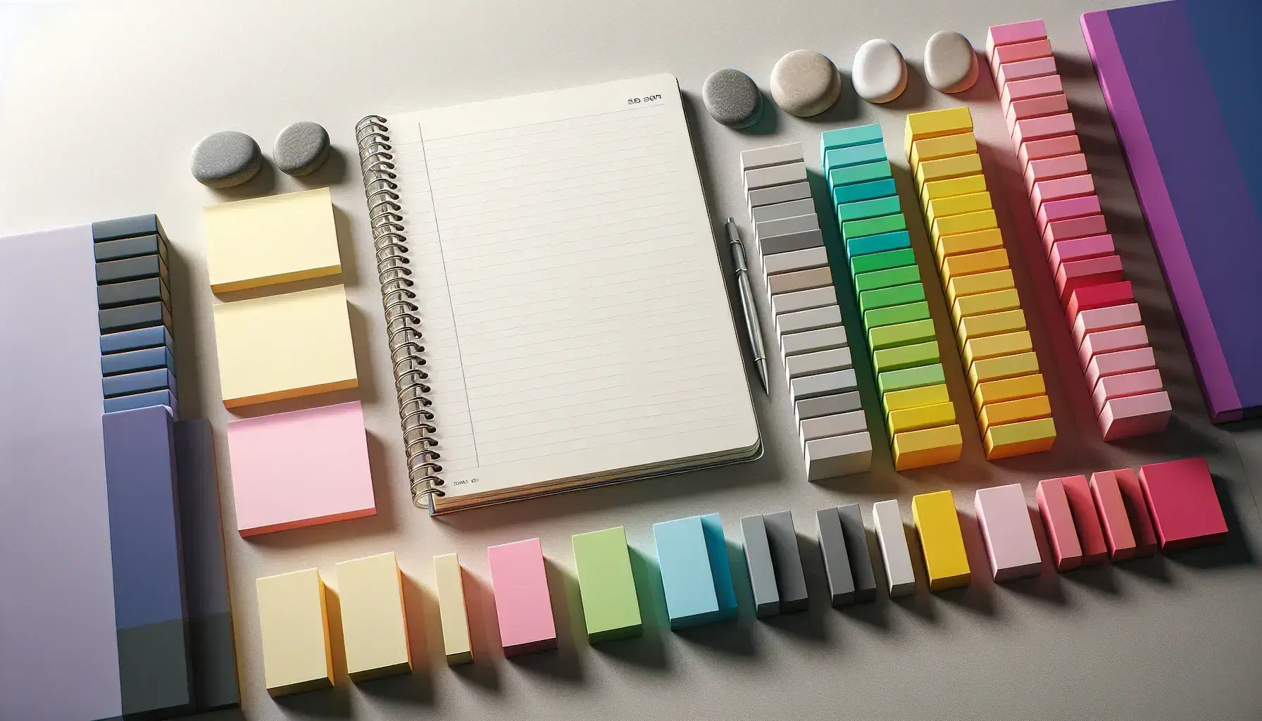 Tidy desk with open notebook, colorful post-its, gradient pebbles and jar of multicolored marbles, black digital clock on wooden background.