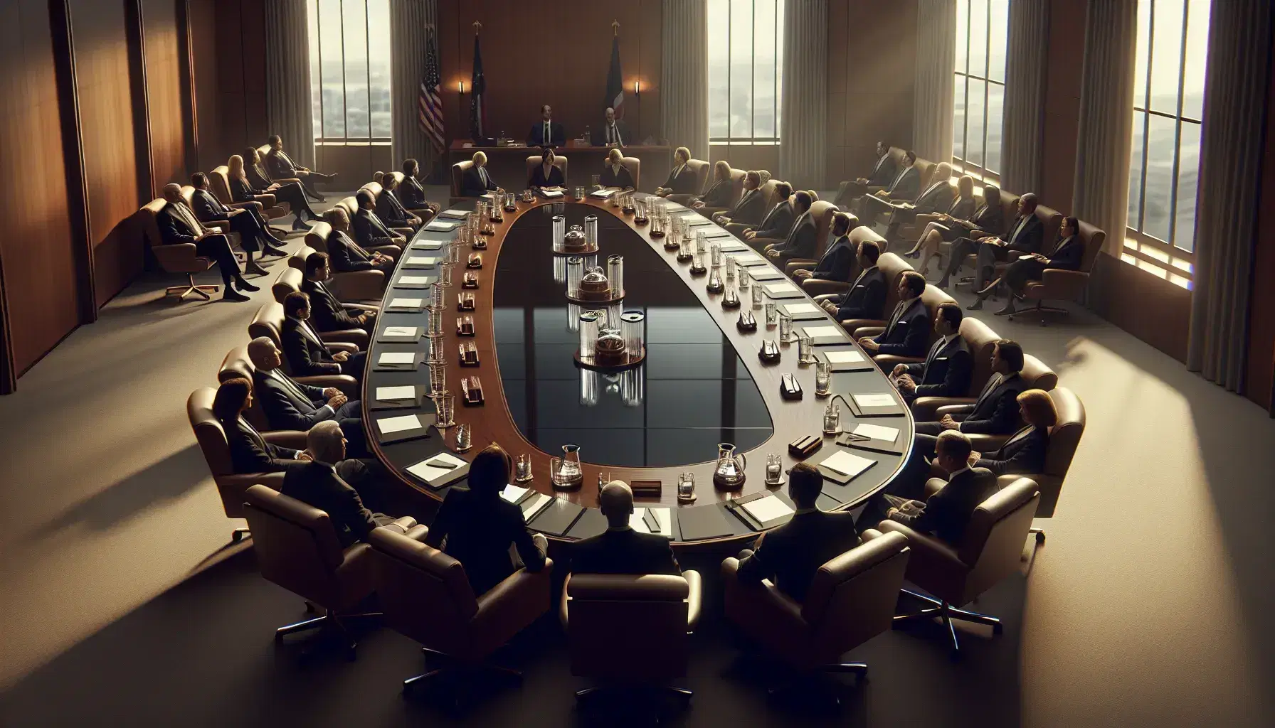 Professional meeting room with a large wooden table, high-backed chairs, and diverse businesspeople engaged in discussion, with cityscape background.