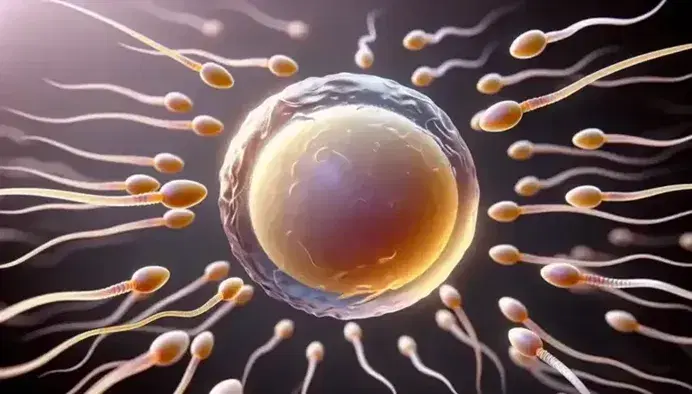 Close-up of a human egg surrounded by sperm cells moving towards it, with a dark purple background enhancing the color contrast.