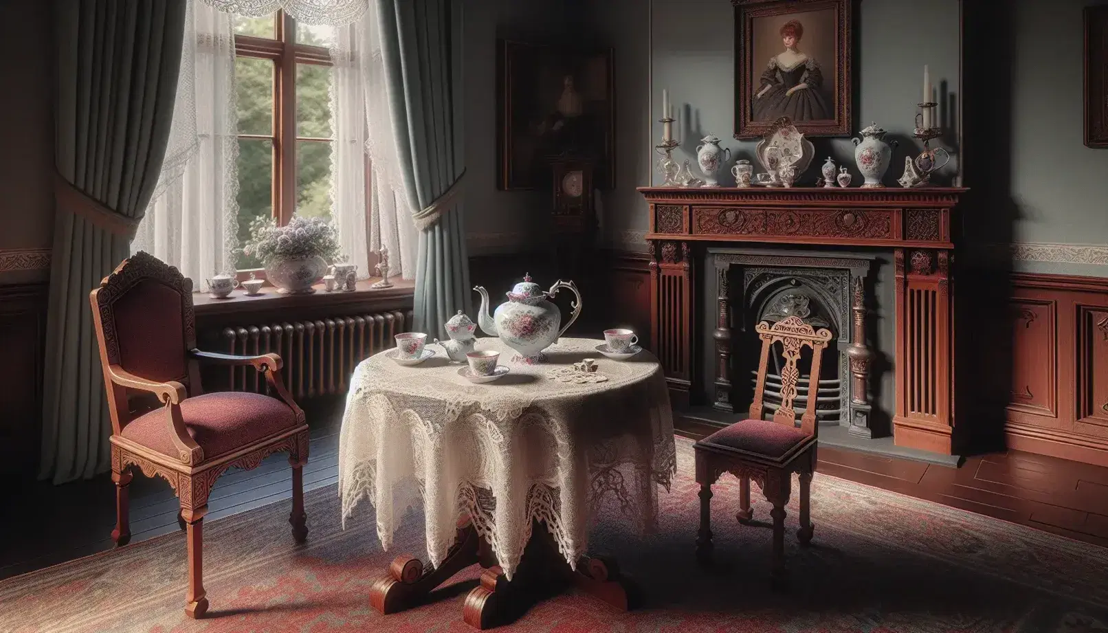 Victorian-era living room with a round table and floral porcelain tea set, red velvet upholstered chair, unlit fireplace, and a porcelain doll in period dress.