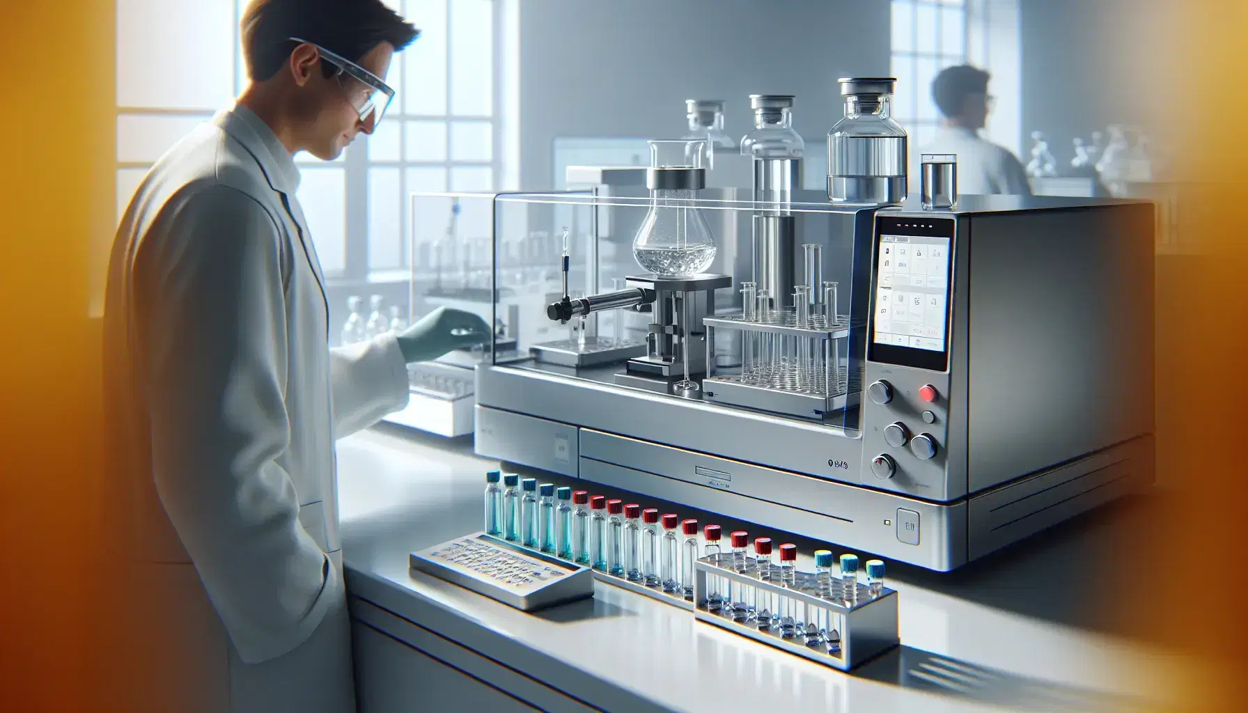 Scientist in white coat adjusts sample in advanced analytical instrument in modern laboratory, with test tubes and beakers on background.